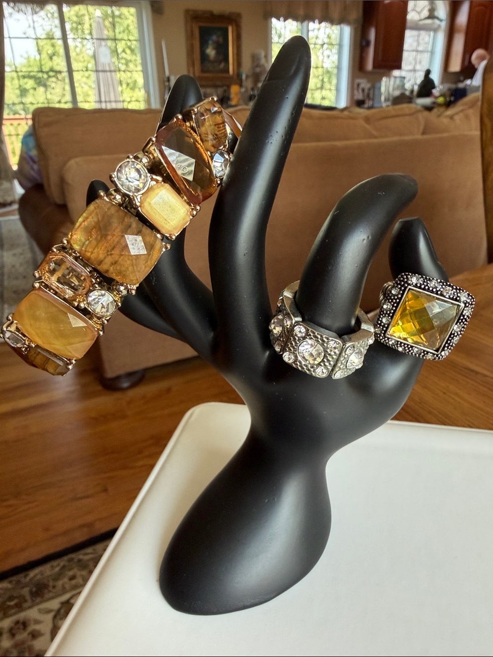 3PcStatementStretchJewleryNapierBraceletSignedRhinestoneBandCitrineColorRingEUC